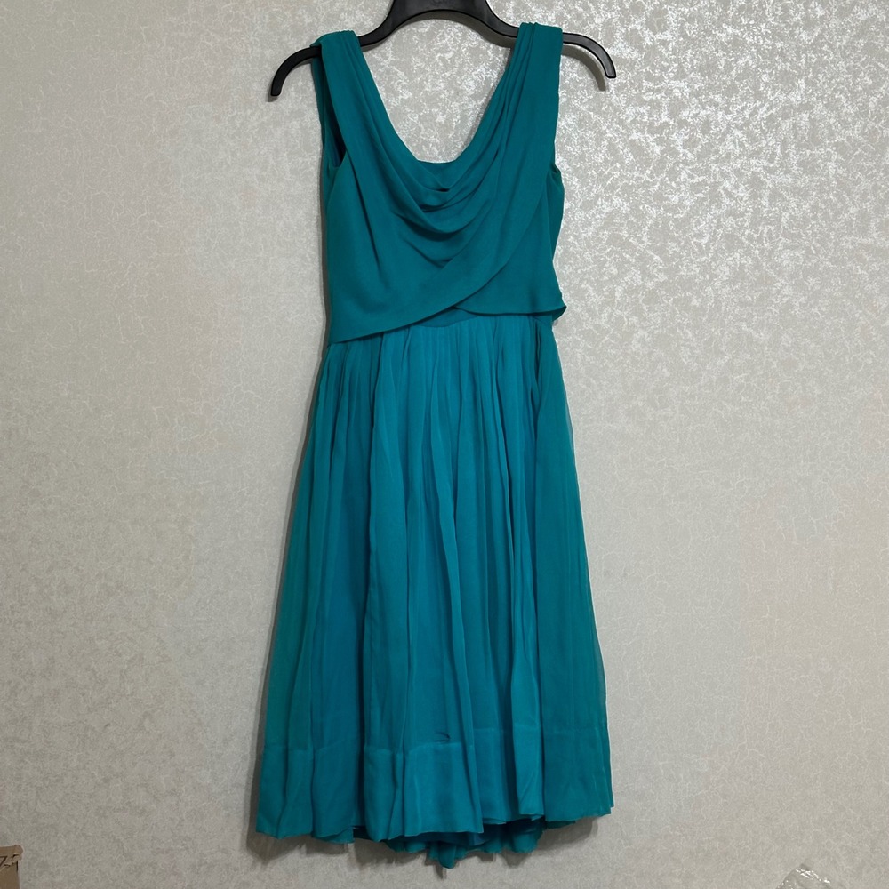 Suzy Perette Vintage Draped Cowl Neck Chiffon Cocktail Dress Teal Retro MCM XS